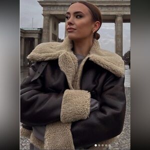 NWOT- Zara Brown and Cream faux sterling/vegan Bomber Jacket size large.